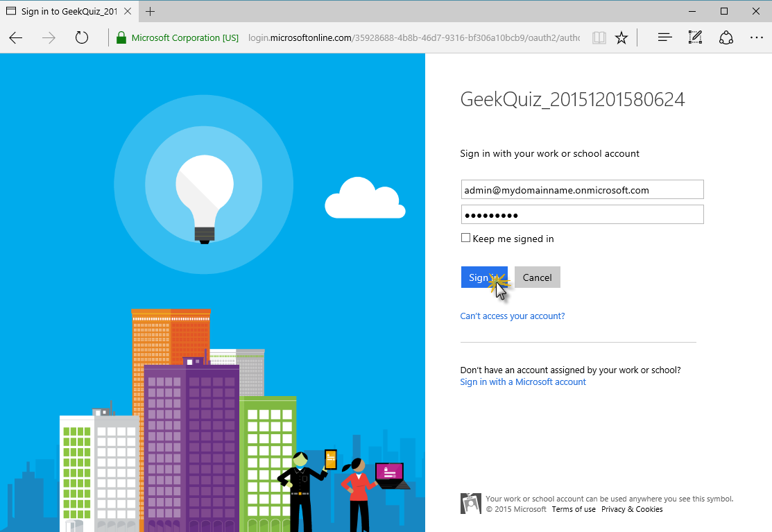 Signing in using one of the organization's user account Signing in using one of the organization's user account