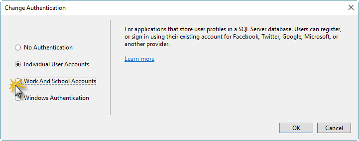Selecting the Work And School Accounts option Selecting the Work And School Accounts option