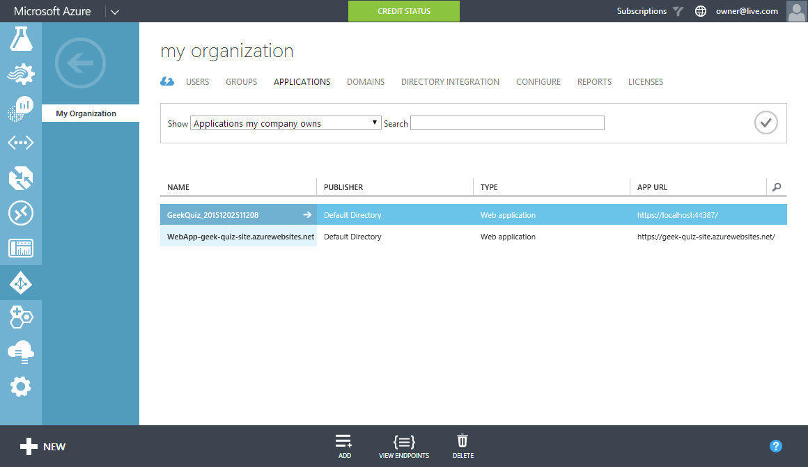 Showing the organization's applications Showing the organization's applications