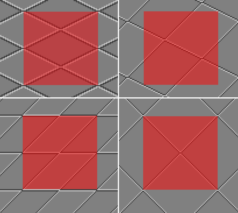 4 views of an isometric tile grid with different angles and portions highlighted