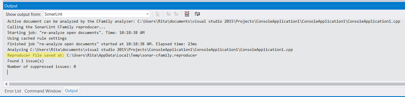 Reproducer information in the SonarLint output pane versions 4.21-4.26.