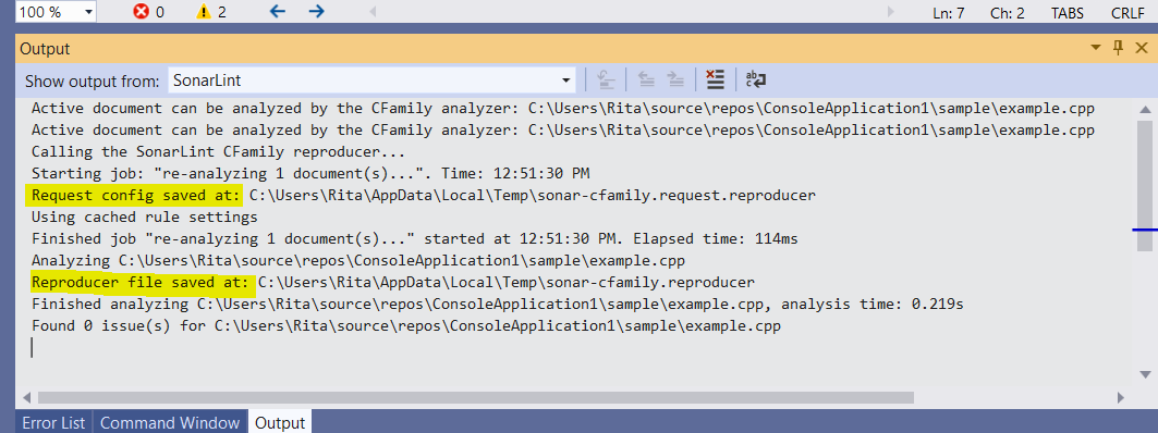 Reproducer information in the SonarLint output pane version 4.27.