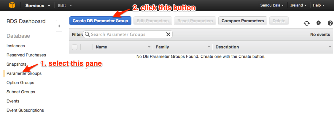 click the create db parameter group button