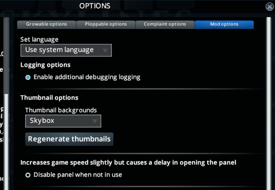 Mod options panel screenshot