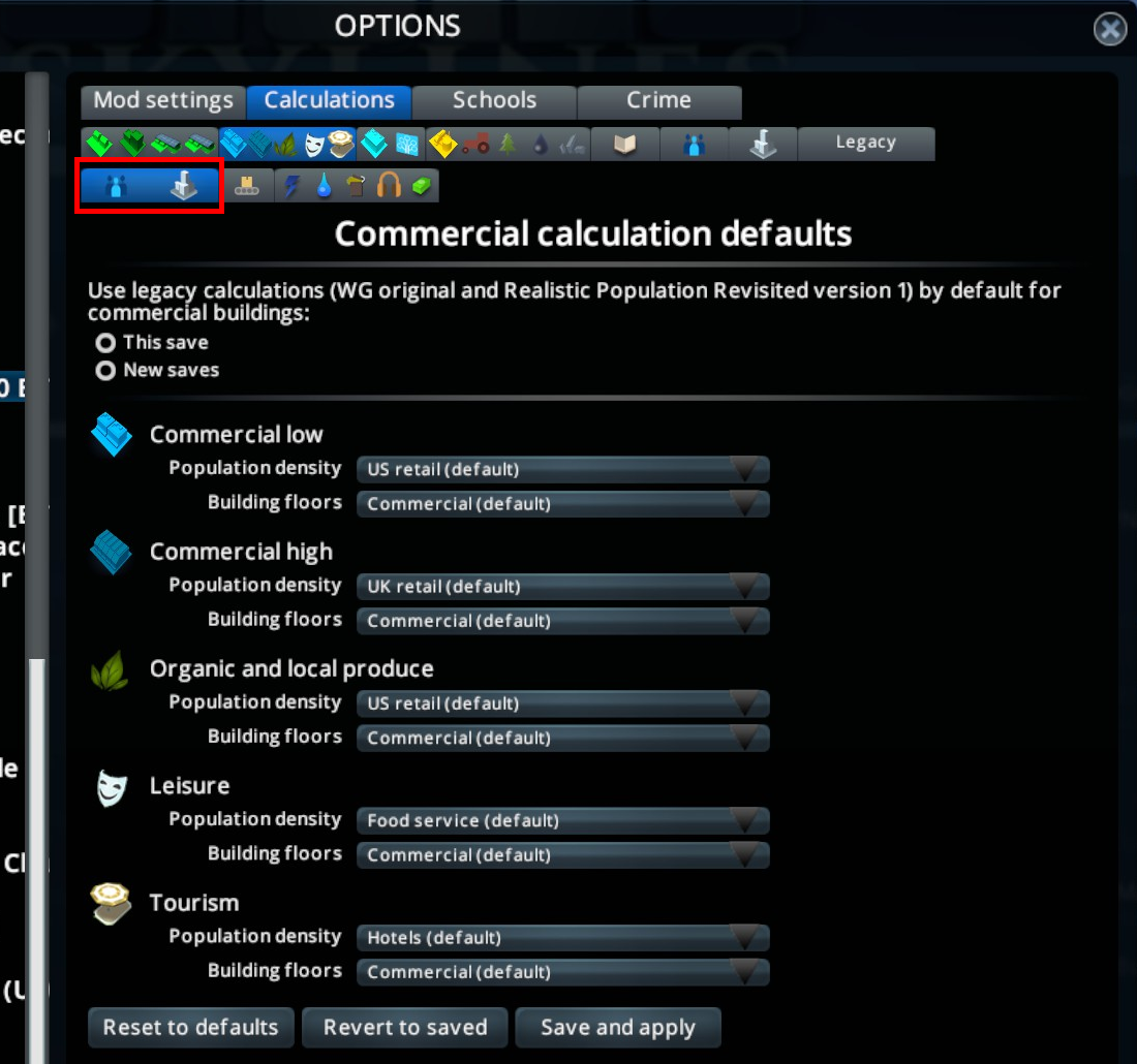 Default commercial calculation pack selection options panel screenshot