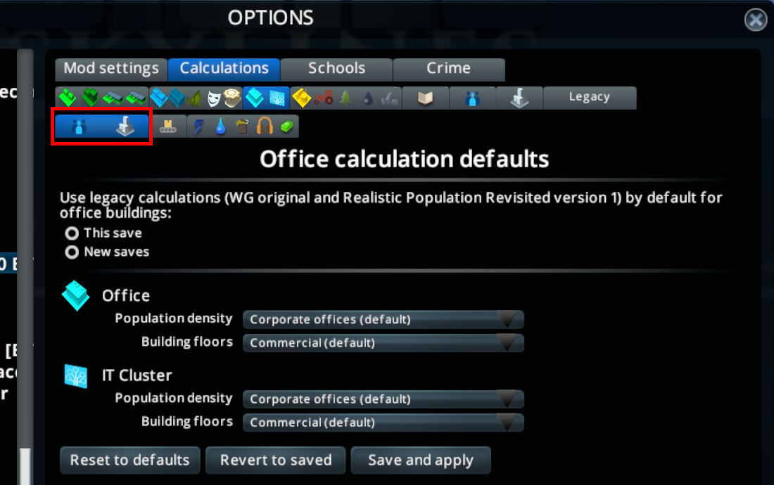 Default office calculation pack selection options panel screenshot