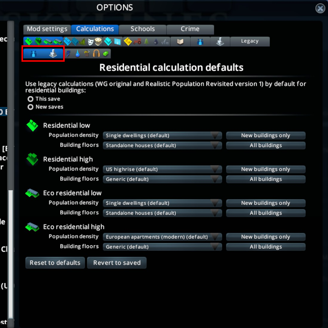 Default residential calculation pack selection options panel screenshot