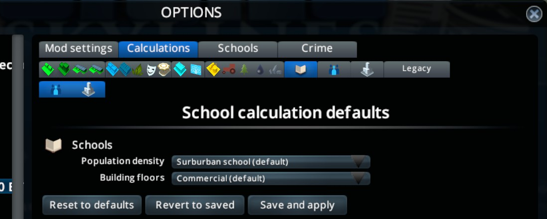 Default school calculation pack selection options panel screenshot