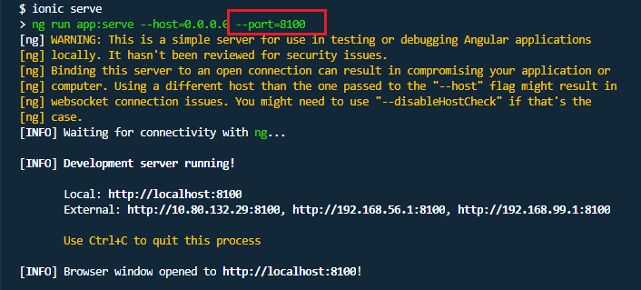 Ionic serve on Visual Studio Code console