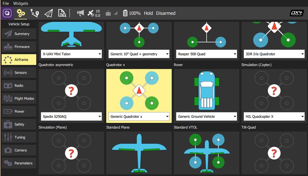 QGroundControl - Select Generic Quadrotor X airframee