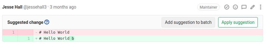 Add a suggestion to a batch A code change suggestion displayed, with the button to add the suggestion to a batch highlighted.