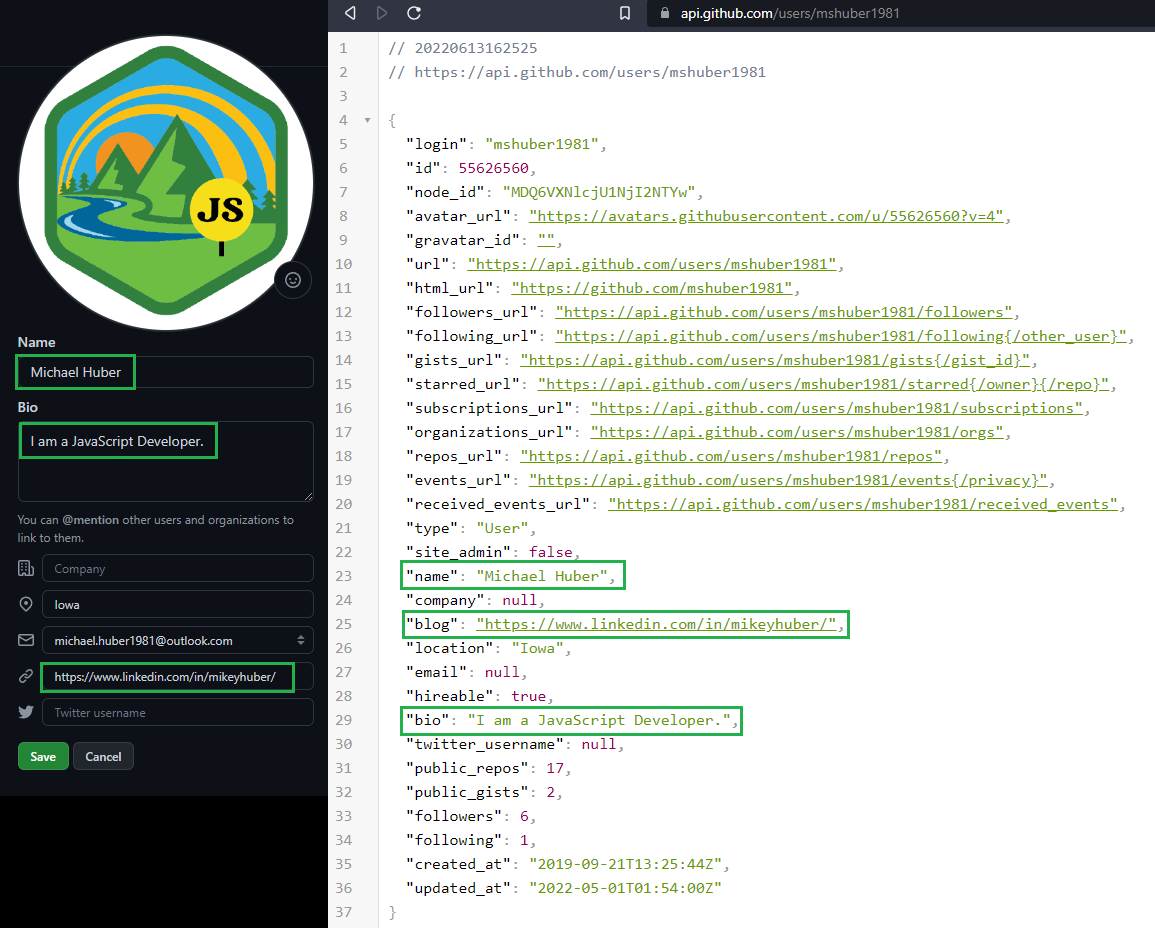 Profile details compared to GitHub REST API response