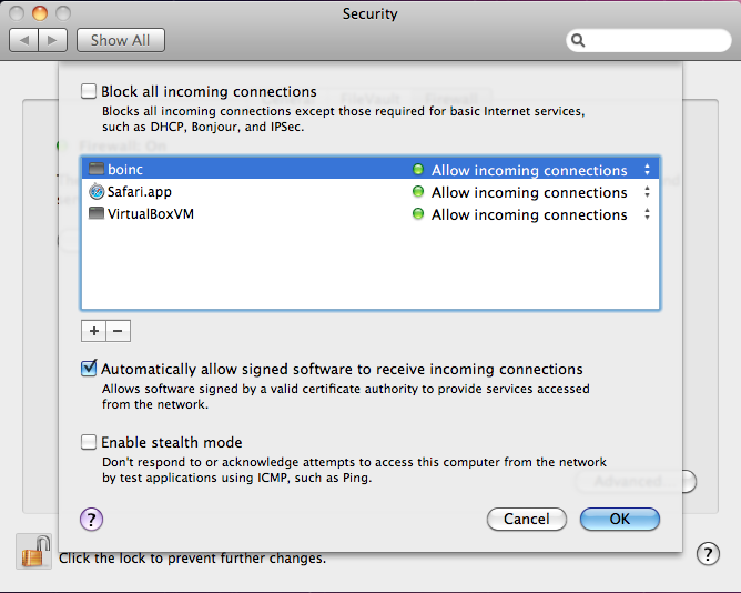 OS-X firewall settings