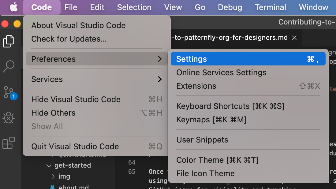 navigating to VSC settings menu